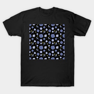 Blue birds and peonies on black backdrop T-Shirt